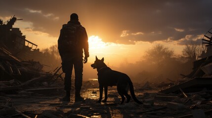 A man and a dog on the ruins of a bombed-out city at sunset.