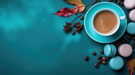 
Cup of coffee with macaroons and autumn leaves on a blue background with copy space for text.