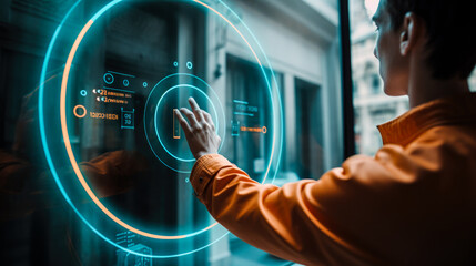 businessman working on a virtual screen of the future using digital lock. Business, network concept