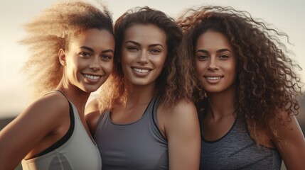 Fototapeta na wymiar Happy female athletes wearing sports clothing. Generative AI