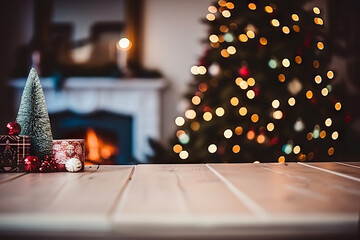 Festive Christmas Desk with Glowing Christmas Tree in the Background - Cozy Holiday Workspace. created with Generative AI