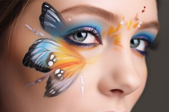 Pretty young woman with fantasy butterfly makeup, closeup. Generative AI