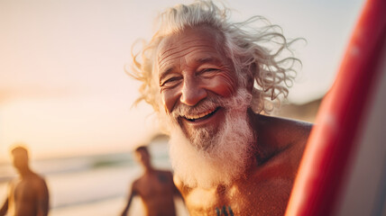 Surfer senior man having fun while surfing on beach with vintage surf board