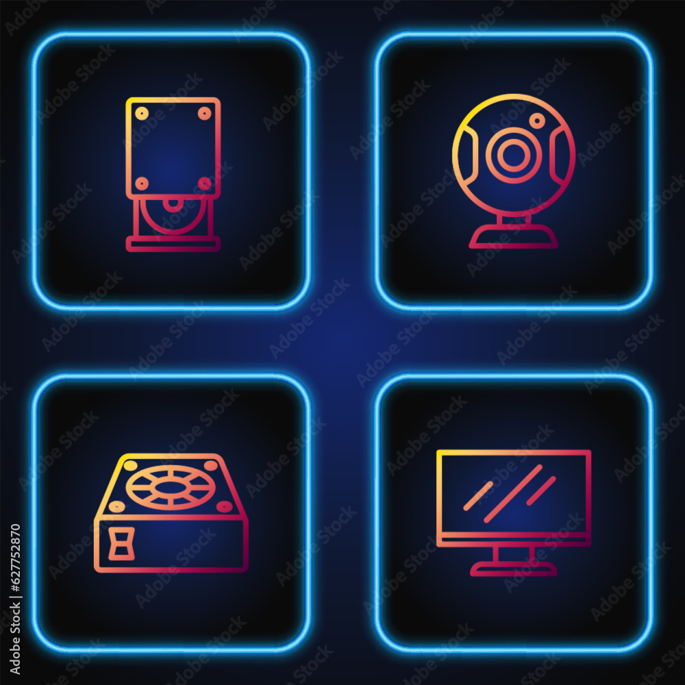 Poster set line computer monitor screen, cooler, optical disc drive and web camera. gradient color icons. v
