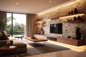 wide view details of a sleek, contemporary living room sofa, couch, pillows and tv stand