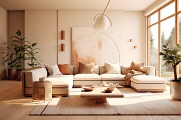 wide view details of a sleek, contemporary living room sofa, couch, pillows and tv stand