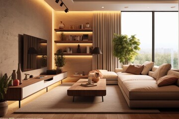 wide view details of a sleek, contemporary living room sofa, couch, pillows and tv stand