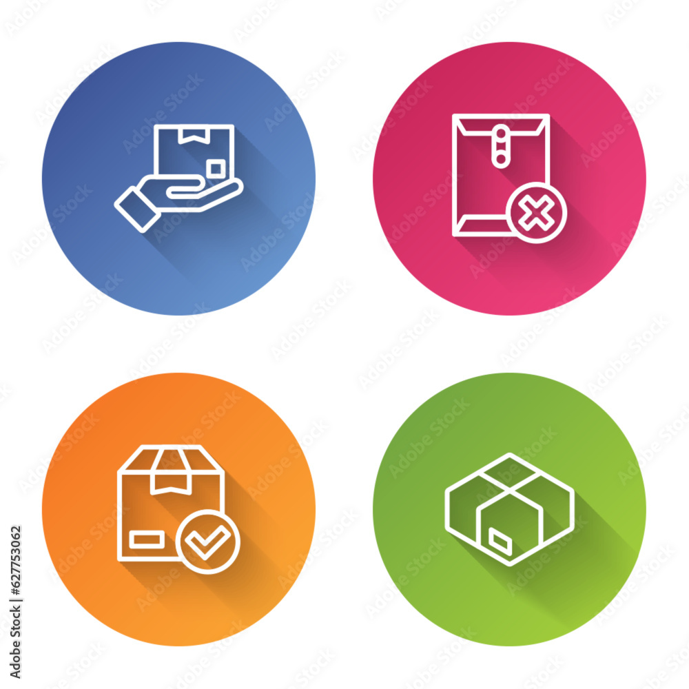 Poster set line delivery hand with box, delete envelope, ackage check mark and carton cardboard. color circ