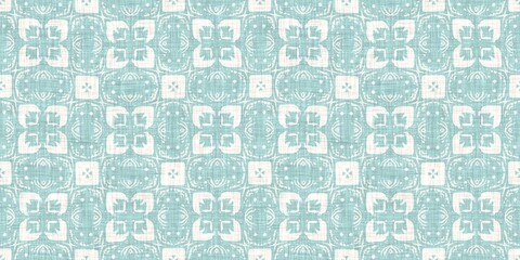 Aqua teal blue white vibrant watercolor batik azulejos tile border banner background. Seamless coastal blur linen effect geometric mosaic effect.Boho Patchwork nautical masculine summer ribbon trim. 