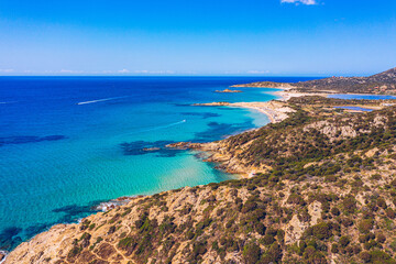 Panorama of the wonderful beaches of Chia, Sardinia, Italy. View of beautiful Chia bay and wonderful beaches, Sardinia island, Italy. Beautiful sea and bay on Su Guideu beach, Sardinia island, Italy - 627753498