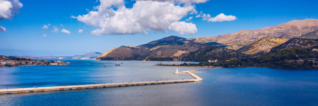 Aerial view of the De Bosset Bridge in Argostoli city on Kefalonia island. De Bosset Bridge on lakeside In Argostoli, Kefalonia. Obelisk and the de Bosset bridge in Argostoli, Kefalonia, Greece