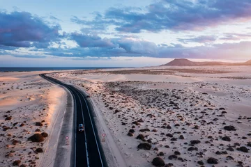 Fototapete Atlantikstraße Panoramic high angle aerial drone view of Corralejo National Park (Parque Natural de Corralejo) with sand dunes located in the northeast corner of the island of Fuerteventura, Canary Islands, Spain.