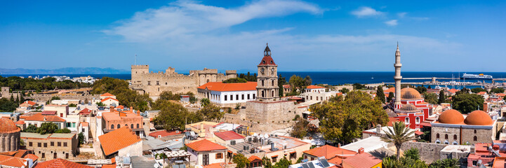 Panoramic view of Rhodes old town on Rhodes island, Greece. Rhodes old fortress cityscape with sea...