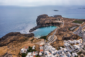 Lindos small whitewashed village and the Acropolis, scenery of Rhodos Island at Aegean Sea, Rhodes,...