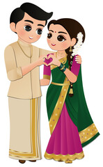 Bride and groom cute couple in traditional indian dress cartoon character © Thanasantipan