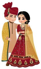 Bride and groom cute couple in traditional indian dress cartoon character © Thanasantipan