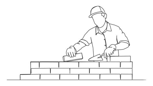 animated continuous single line drawing of mason building wall, bricklaying line art animation
