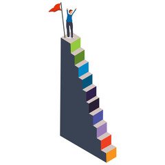 A man ascending career ladder. Concept of business goal achieving, development, progress or growth. Modern vector illustration.