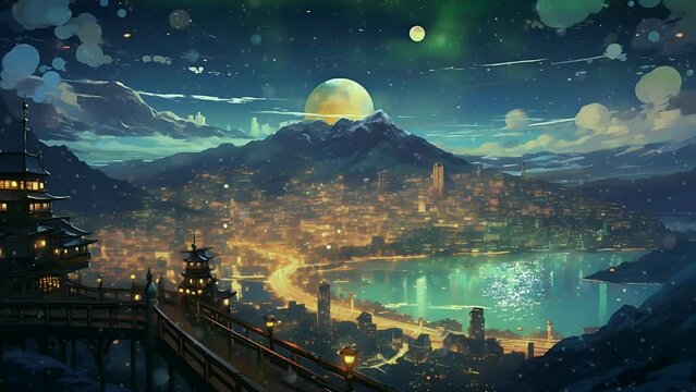 Fantasy lovely anime cityscape. Mountain Village with sparkling lake and shooting stars. Big moon. Seamless loop 4k animation