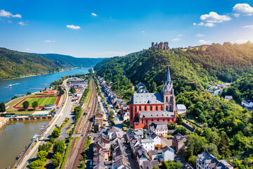 View over the town of Oberwesel, Upper middle Rhine Valley, Germany. Oberwesel town and Church of...