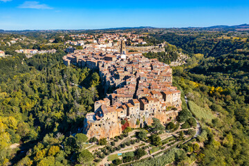 Medieval Pitigliano town over tuff rocks in province of Grosseto, Tuscany, Italy. Pitigliano is a...