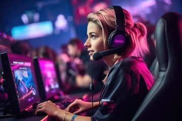 Streamer beautiful girl professional gamer playing online games computer.  - obrazy, fototapety, plakaty