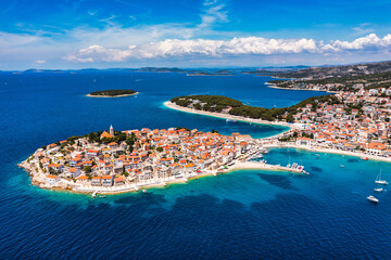 Aerial view of Primosten old town on the islet, Dalmatia, Croatia. Primosten, Sibenik Knin County,...