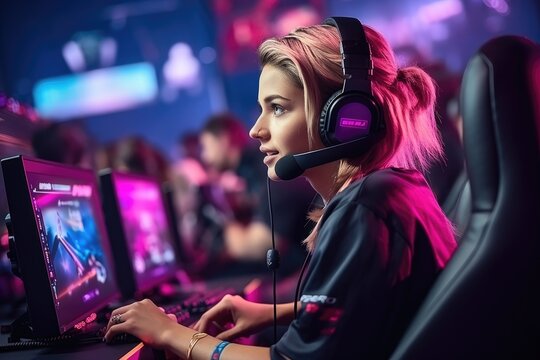 Streamer beautiful girl professional gamer playing online games computer. 