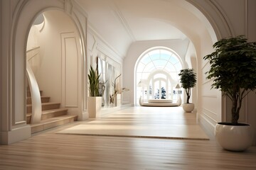 Interior design of modern entrance hall with staircase in villa.