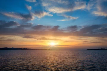 Foto auf Acrylglas Drone flying over sea in a beautiful sunset in Adriatic sea. Aerial drone shoot. Sunrise over the sea. Colorful sunset on the Adriatic Sea, Croatia. © daliu