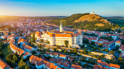 Mikulov Castle in the town of Mikulov in South Moravia, Czech Republic. View of the Beautiful City of Mikulov in the Czech Republic, with the Impressive Mikulov Castle - 627755244