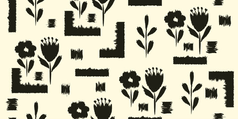 Modern art scandinavian seamless pattern of flowers and  geometric shapes, wrinkled edges, black and white background. Fabric design, interior, wallpaper, underwear, cover