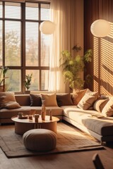 fabulous interior design of living room with details of couch and comfortable settings. luxurious furniture and high end design