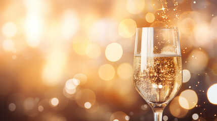 A bokeh-filled backdrop with a hyper-realistic glass of sparkling champagne, with bubbles rising to the top. Generative AI