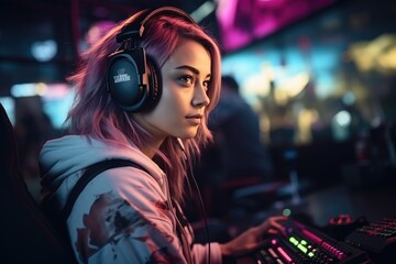 Streamer beautiful girl professional gamer playing online games computer. Generative AI