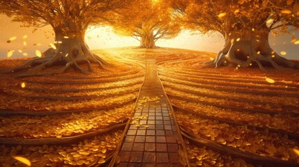 golden path, path to the golden tree, symbol of prosperity. Created with Generative AI.