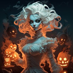 Halloween woman, female witch with Jack lanterns, pumpkins. Holiday horror costume dress, gothic lady in night