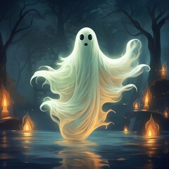 Halloween ghost illusrtation. Creepy costume in night scene. Holiday spooky nightmare, mysterious scary spirit in darkness with fog smoke