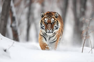 Fototapeta na wymiar Tiger in wild winter nature with snow flakes. Amur tiger running in the snow, generative AI