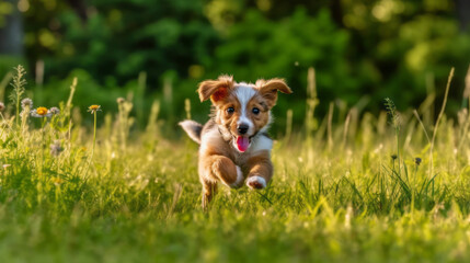 A cute puppy running through a field.