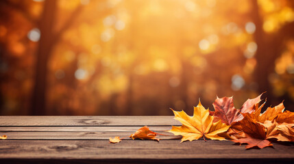 Naklejka na ściany i meble Autumn maple leaves on wooden table Falling ,Ai generated art illustration.