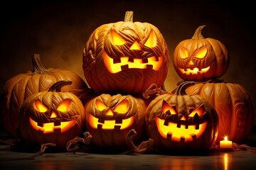Fototapeta premium Halloween jack o lantern pumpkins. Generative AI.