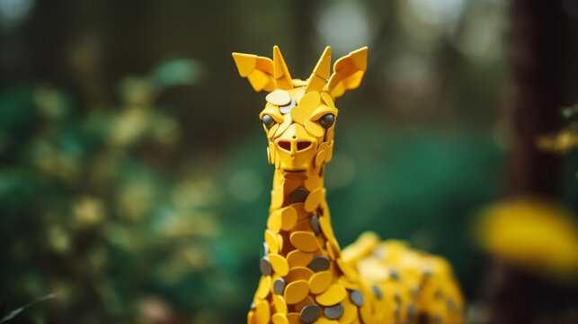 A Metallic Yellow Giraffe Sculpture In A Garden. Shallow Depth Of Field.