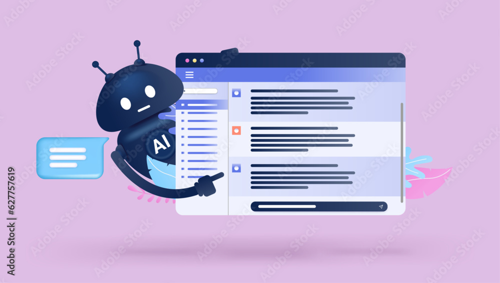 Poster Ai chat online - Web window with artificial intelligence robot talking and having conversation. Semi flat design vector illustration