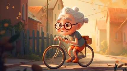 cute happy and smiling grandmother riding a bicycle. Created with generative AI.