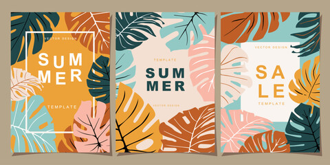 Summer template set for poster, card, cover, label, banner in modern minimalist style and simple summer design templates with tropical leaves, flower, and plants.