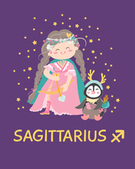 Cute sign zodiac poster flat. Vector illustration with astrological symbol Sagittarius, zodiac sign. Mystical symbol.