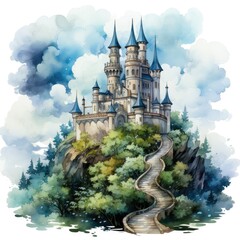 Watercolor Clipart Cute Pixar Style Castle on a Hilltop