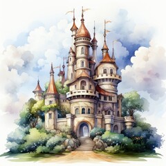 Fototapeta na wymiar Watercolor Clipart Cute Pixar Style Castle with Turrets and Flags
