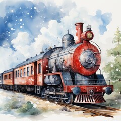 Fototapeta premium Watercolor Clipart Retro Train with Polka Dot Pattern, on white background